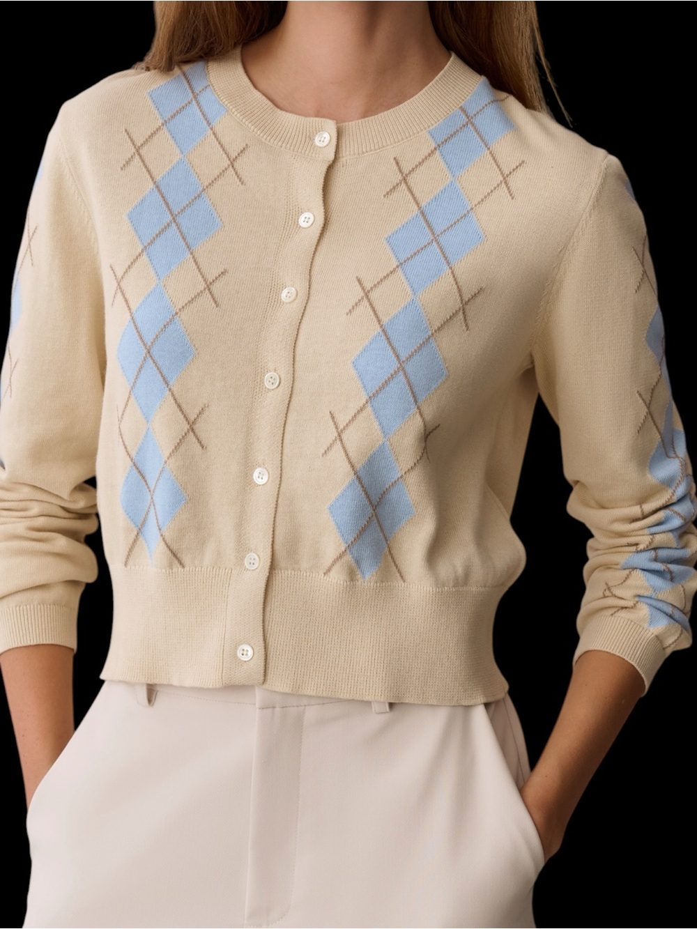 Few Moda Caara Henrietta Cotton Argyle Sweater Sand Powder Blue Cardigan NWT